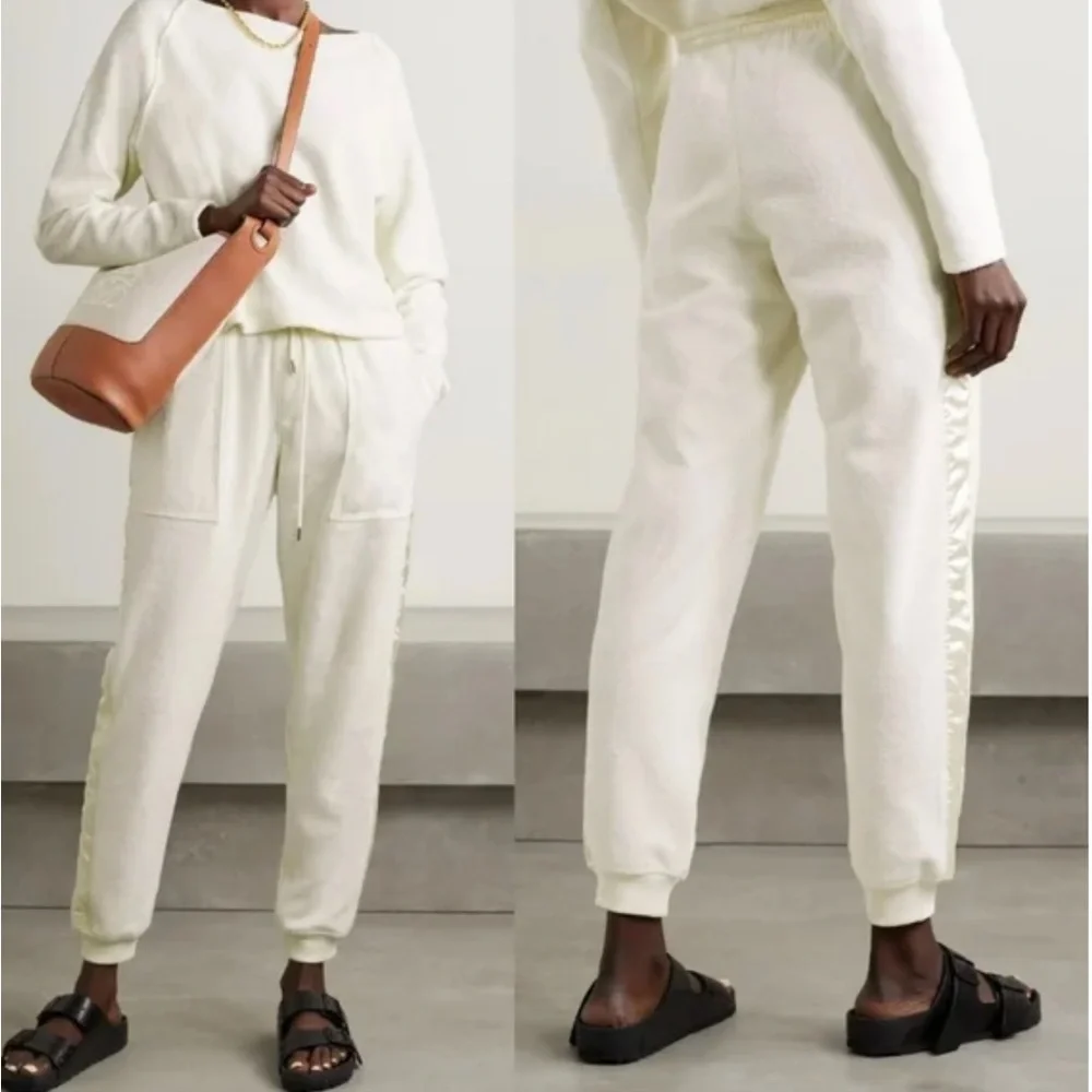 ATM Women XL Cream Satin French Cotton Terry Pull-On Chalk Jogger Track Pant NWT